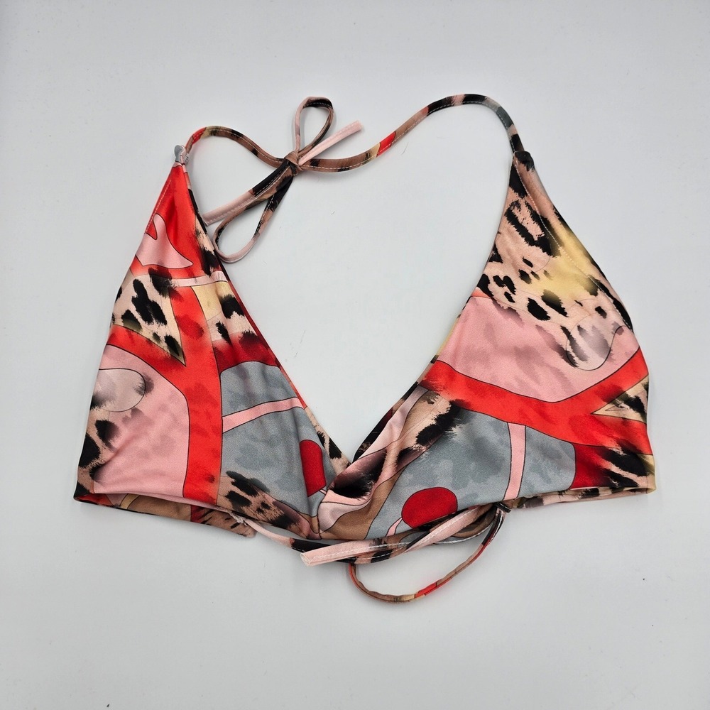 EGO Abstract Print Bikini Top Halter‎ Tie String Leopard Accents US 6